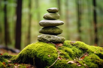 Pyramid stones balance on old mossy fallen tree.