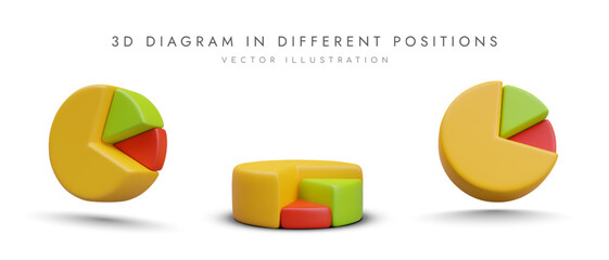 3d diagram in different positions. Pie chart with tick marks in yellow, green and red colors. Concept of sale. Vector illustration in 3d style with place for text