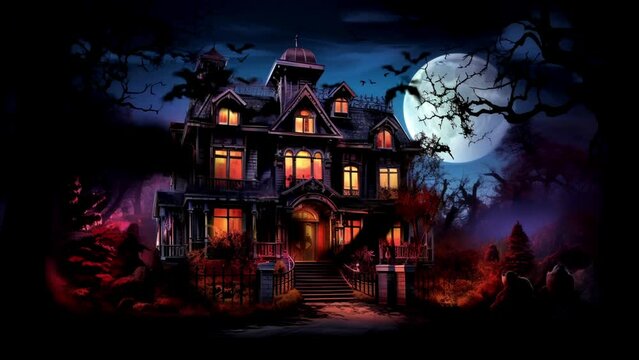 halloween background with castle, seamless looping video background animation, cartoon anime style