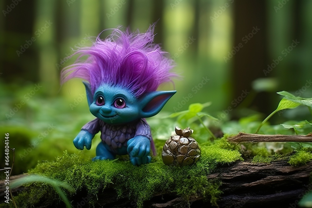 Wall mural tale troll with crystals in the forest, natural green background. - Wall murals