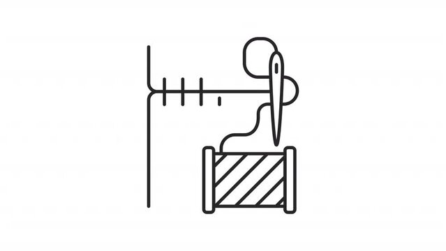 2D black simple thin line animation of hemming icon, HD video with transparent background, seamless loop 4K video representing clothing alteration.