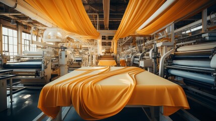 Fototapeta premium Textile industrial sewing machines at work in a factory, weaving a fabric manufacturing plant