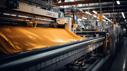 Textile industrial sewing machines at work in a factory, weaving a fabric manufacturing plant