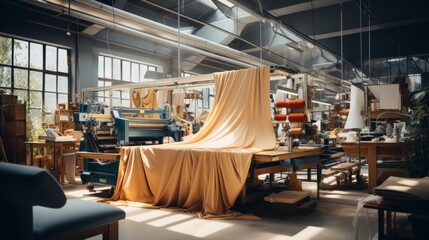 Textile industrial sewing machines at work in a factory, weaving a fabric manufacturing plant - Powered by Adobe