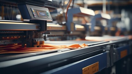 Textile industrial sewing machines at work in a factory, weaving a fabric manufacturing plant