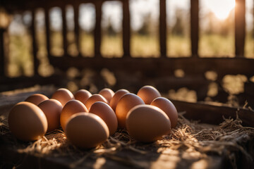 Several eggs were laid in the coop, warm lights shone in the morning - obrazy, fototapety, plakaty