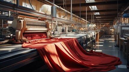 Obraz premium Textile industrial sewing machines at work in a factory, weaving a fabric manufacturing plant