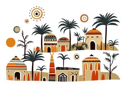 Doodle African village, cartoon sticker, sketch, vector, Illustration, minimalistic