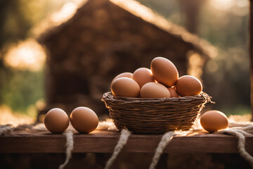 Several eggs were laid in the coop, warm lights shone in the morning