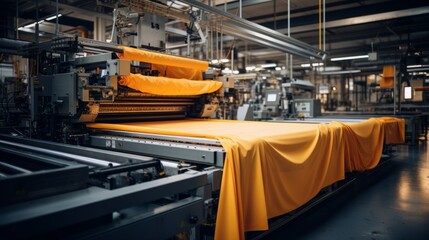Textile industrial sewing machines at work in a factory, weaving a fabric manufacturing plant - obrazy, fototapety, plakaty