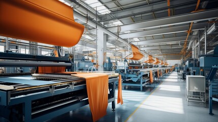 Obraz premium Textile industrial sewing machines at work in a factory, weaving a fabric manufacturing plant
