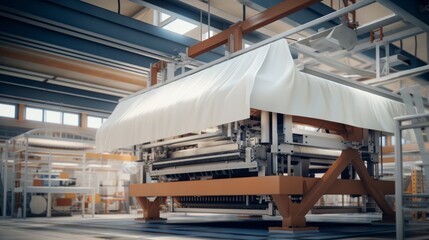 Textile industrial sewing machines at work in a factory, weaving a fabric manufacturing plant