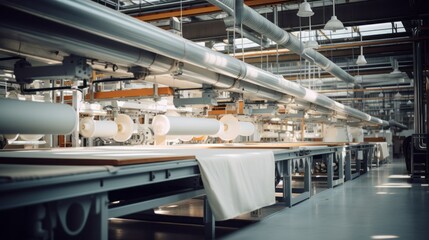 Fototapeta premium Textile industrial sewing machines at work in a factory, weaving a fabric manufacturing plant