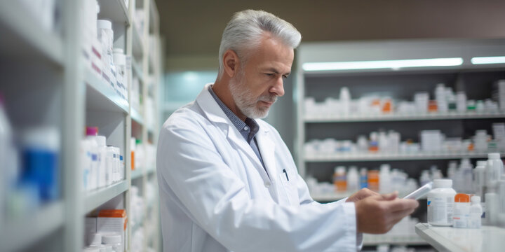 doctor in a white coat lays out pills on the shelf