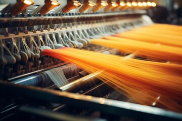 Textile industrial sewing machines at work in a factory, weaving a fabric manufacturing plant