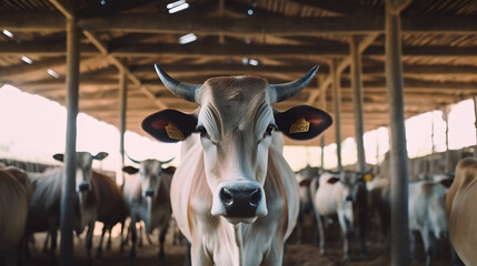 Boeuf dans l'étable à la ferme, focus sur un animal avec d'autres boeufs dans le fond.