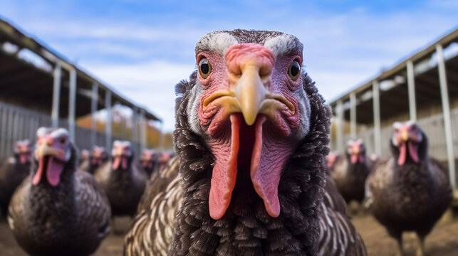 Dinde dans son enclos &agrave; la ferme, focus sur un animal avec d'autres dindes dans le fond.