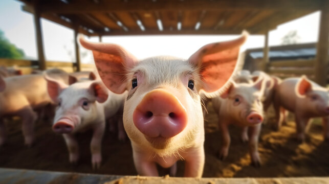Cochon dans son enclos &agrave; la ferme, focus sur un animal avec d'autres cochons dans le fond.