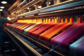 Textile industrial sewing machines at work in a factory, weaving a fabric manufacturing plant
