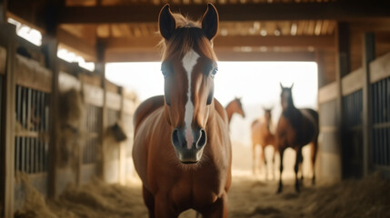 Cheval dans son écurie à la ferme, focus sur un animal avec d'autres chevaux dans le fond.