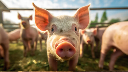 Cochon dans son enclos à la ferme, focus sur un animal avec d'autres cochons dans le fond.