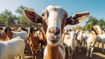 Chèvre dans son enclos à la ferme, focus sur un animal avec d'autres chèvres dans le fond. - obrazy, fototapety, plakaty