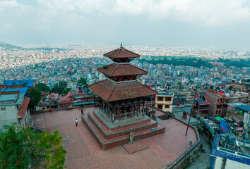 Aerial view of Uma Maheshwar Temple, Kirtipur, Nepal. Kathmandu. Palaces and buildings. Terraces...
