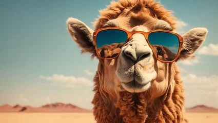 Foto op Plexiglas adorable camel wearing glasses, realistic illustration of a cute animal with glasses for decorating projects © ArtistiKa