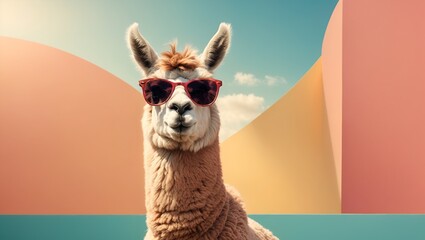 adorable llama wearing glasses, realistic illustration of a cute animal with glasses for decorating projects