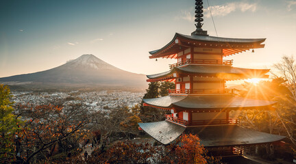 Mount Fuji san beautiful landscapes on sunset. Fujiyoshida, Japan at Chureito Pagoda and Mt. Fuji...