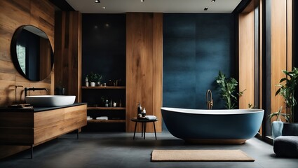 Comfortable bathtub and vanity with basin standing in modern bathroom black blue and wooden walls and concrete floor. Side view. - obrazy, fototapety, plakaty