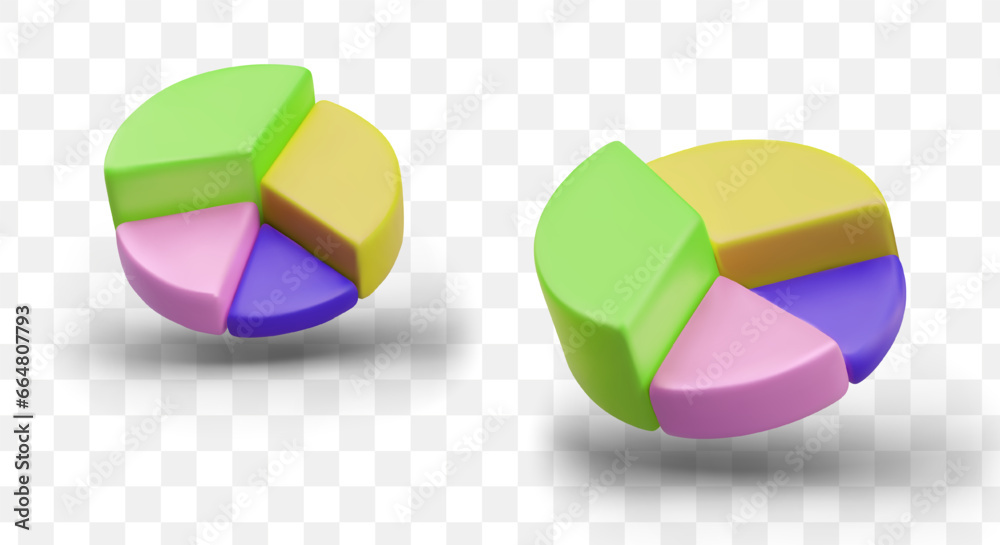 Fototapete Colorful diagram in different positions with shadow. Concept of business strategy. Statistics data analysis. Vector illustration in 3d style in green, yellow and purple colors