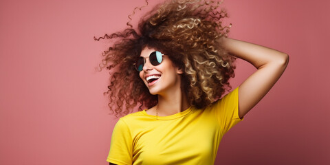 cheerful curly woman