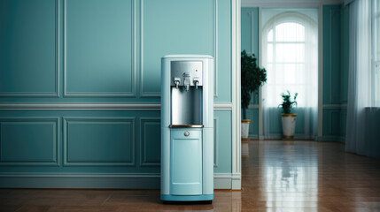 A small blue water dispenser sitting next to a cabinet in home.