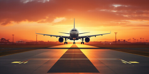 Fototapeta na wymiar plane lands at the airport at sunset
