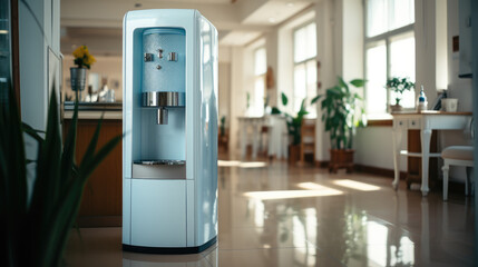 A small blue water dispenser sitting next to a cabinet in home. - obrazy, fototapety, plakaty