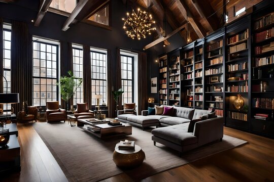 stunning and luxurious image of a loft living room that seamlessly blends sophistication and comfort. 
