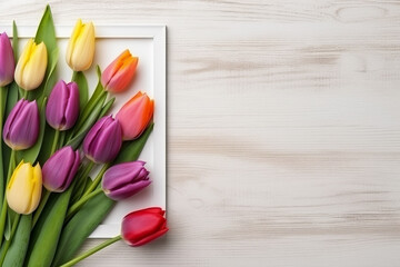 International women day, mothers day concept. Top view of tulip flowers blossoms on bright wooden background with copy space