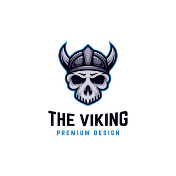 mascot e-sport viking skull logo design with helmet old graphic element symbol for military ancient logo template illustration