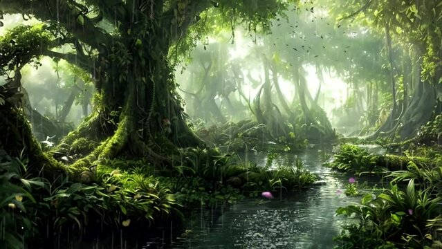 Tropical rainforest in fantasy style. Seamless looping 4K virtual video animation background. Illustration of a jungle