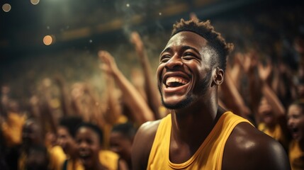 African basketball player in a yellow uniform rejoices in a stadium with spectators.
