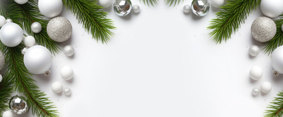 Beautiful Christmas composition, background. Christmas decor, fir branches, balls and ornaments on white background. Flat lay, top view.Christmas composition.Copy space. Mock up. - obrazy, fototapety, plakaty