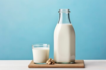 A bottle of milk and a glass of milk on a wooden table on a blue background.