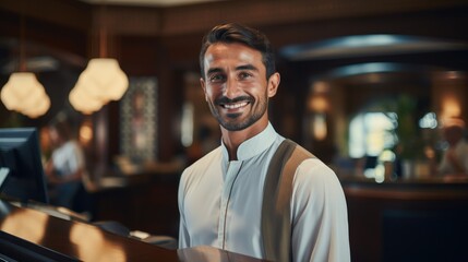 Arabian hotel receptionist checking guests, Male dressed in shirt over the hotel receptionist desk.