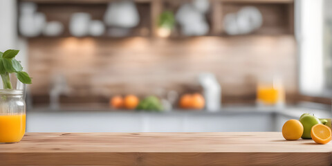 fruits and juice on wooden tabletop counter. in front of bright out of focus kitchen. copy space.