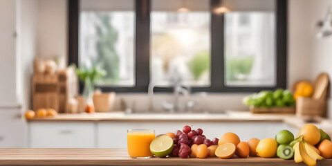 fruits and juice on wooden tabletop counter. in front of bright out of focus kitchen. copy space.