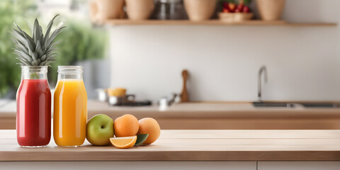 fruits and juice on wooden tabletop counter. in front of bright out of focus kitchen. copy space. - obrazy, fototapety, plakaty