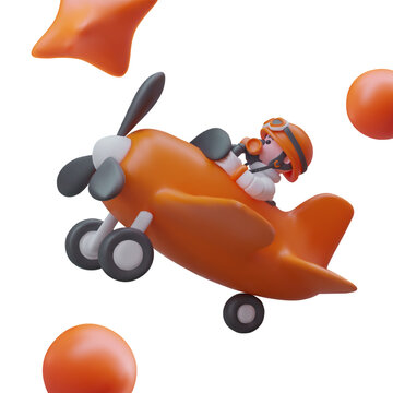 Funny vintage orange airplane flying among stars. Pilot in mask and helmet directs plane up. Color vector illustration in cartoon style. Concept on white background
