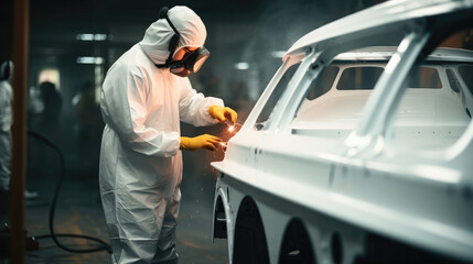 Automotive service worker in full protective gear expertly apply color paint to car bodywork with spray gun in painting workshop.