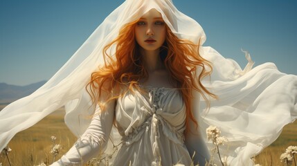 Fototapeta na wymiar Beautiful woman with Veil of Summer.